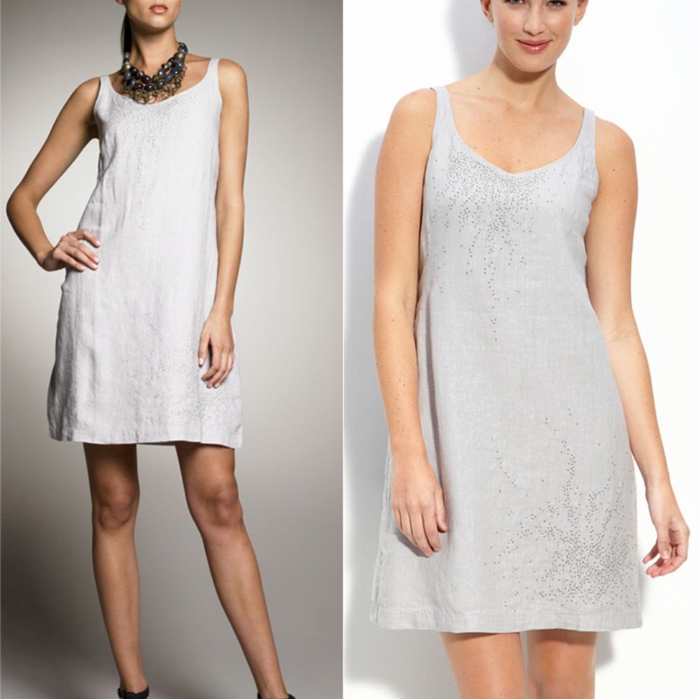 Eileen Fisher Handkerchief Irish Linen Gray Sequin Summer Lined Dress Size 12
